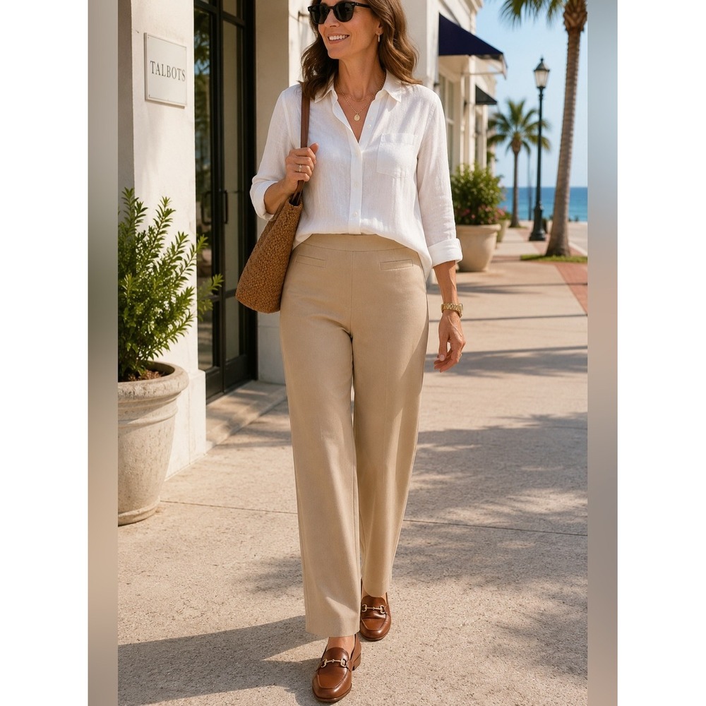 Talbots Womens Pants Sz 16 Khaki Tan Beige Stretch No Waistband NEW
